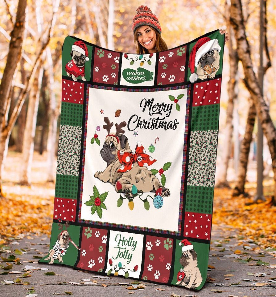  Merry Christmas Pug Christmas Xmas Ultra Soft Cozy Plush Fleece Blanket