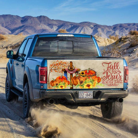 Fall For Jesus truck Tailgate Decal Sticker Wrap He Never Leaves Tailgate Wrap Decals For Trucks