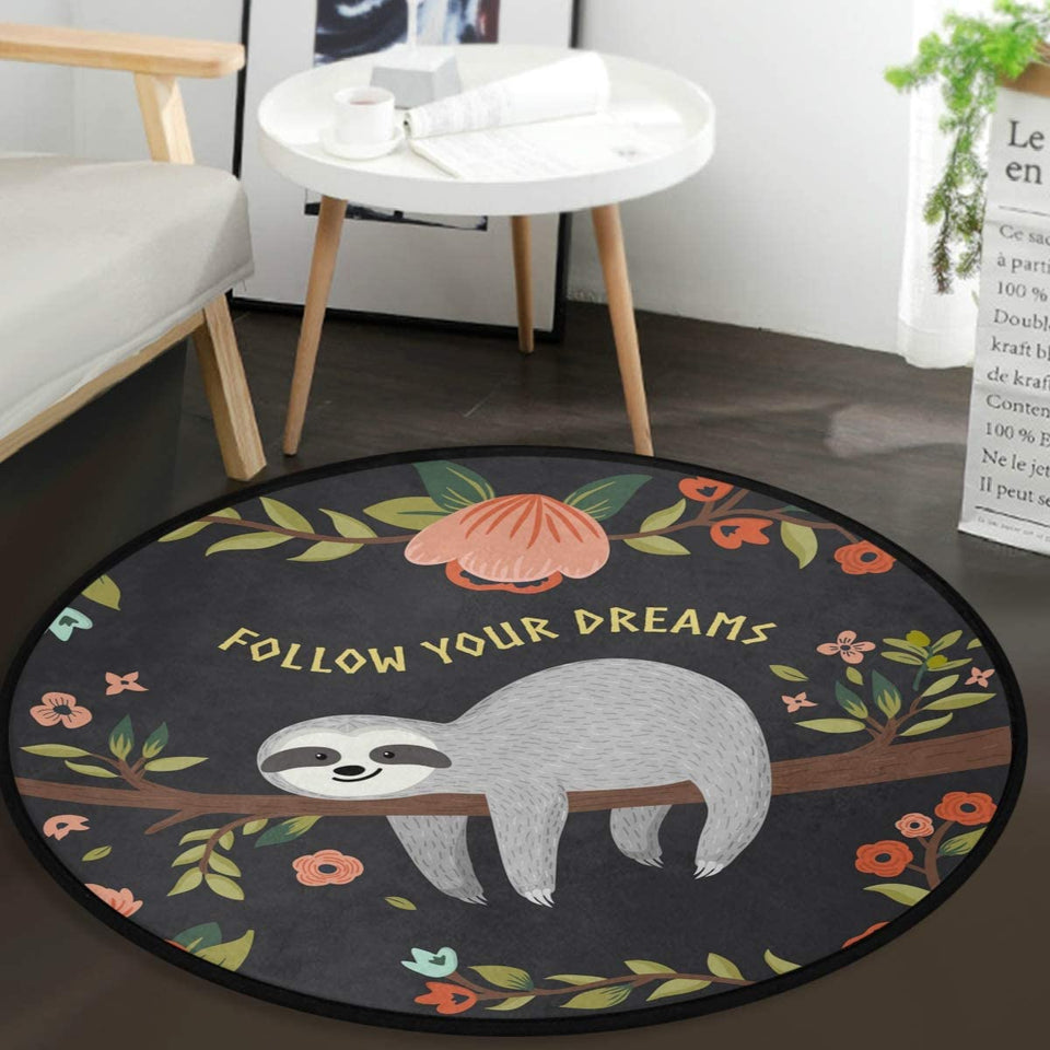 Spring Flowers Floral Sloth Area Rugs Tropical Poppy Funny Animal Round Doormat Yoga Rug Decoration Entryway Bedroom