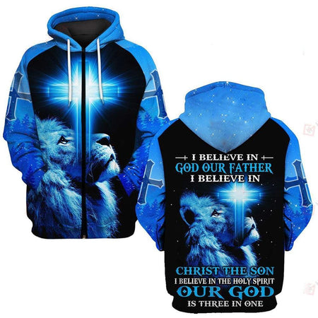 I BELIEVE IN GOD OUR FATHER I BELIEVE IN CHRIST THE SON I BELIEVE IN THE HOLY SPIRIT OUR GOD IS THREE IN ONE ALL OVER PRINTED SHIRTS QH060121