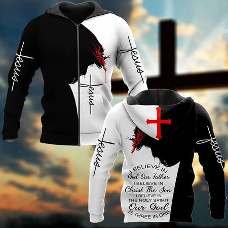 I BELIEVE IN GOD OUR FATHER I BELIEVE IN CHRIST THE SON I BELIEVE IN THE HOLY SPIRIT OUR GOD IS THREE IN ONE ALL OVER PRINTED SHIRTS QH060121