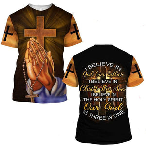 I BELIEVE IN GOD OUR FATHER I BELIEVE IN CHRIST THE SON I BELIEVE IN THE HOLY SPIRIT OUT GOD IS THREE IN ONE ALL OVER PRINTED SHIRTS 080121