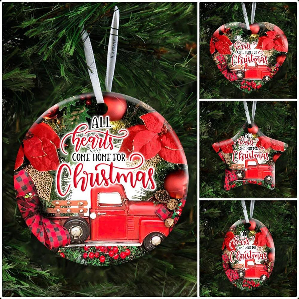 All Hearts Come Home For Christmas Red Truck Christmas Wreath Ceramic Ornament Christmas Home Decor