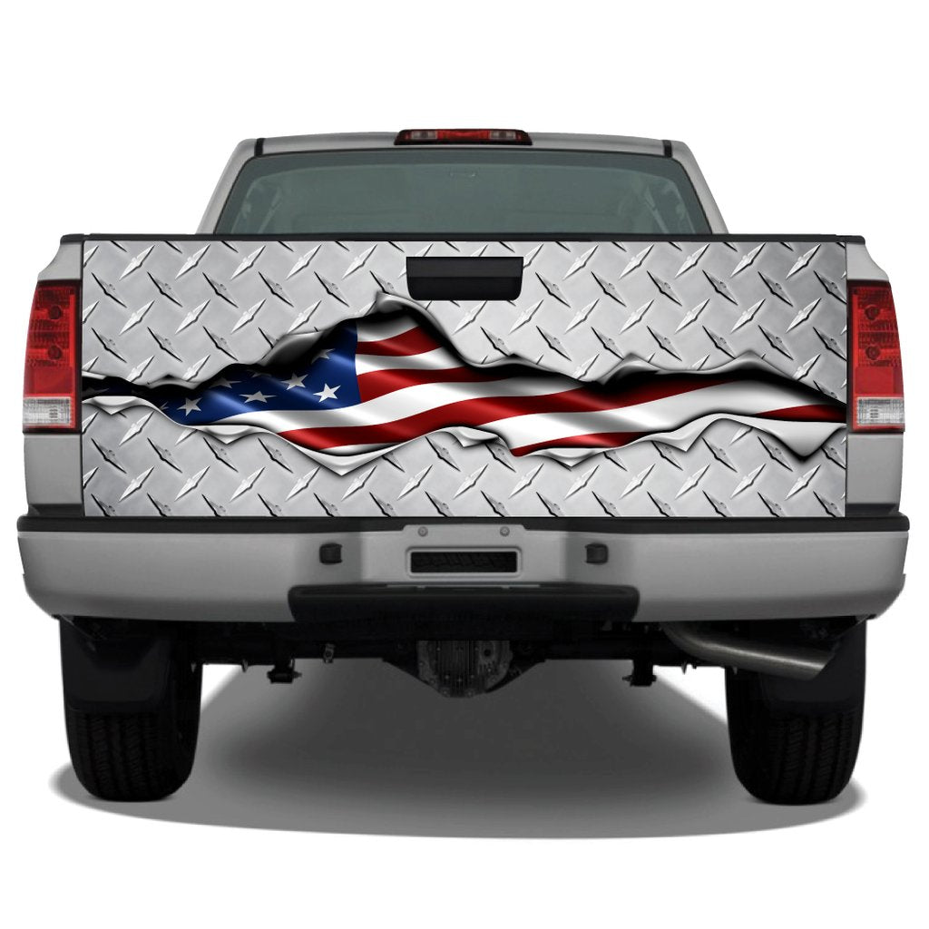 American Flag Ripped Metal Diamond Plate Tailgate Wrap Sticker Tailgate Wrap Decals For Trucks