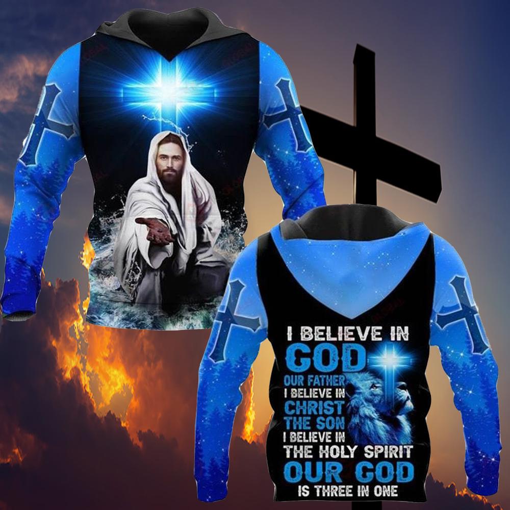 I BELIEVE IN GOD OUR FATHER I BELIEVE IN CHRIST THE SON I BELIEVE IN THE HOLY SPIRIT OUT GOD IS THREE IN ONE ALL OVER PRINTED SHIRTS