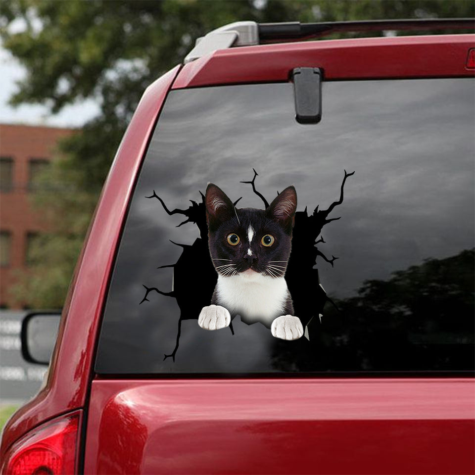 [dt0250-snf-tnt]-tuxedo-cat-crack-car-sticker-cats-lover