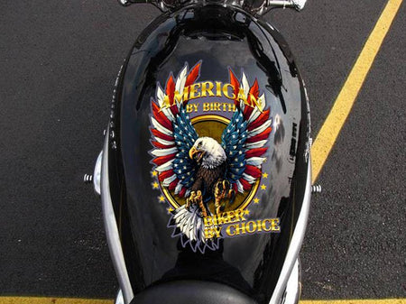 [sk0400-snf-tpa] American by birth biker by choice Eagle Biker Sticker - Camellia Print