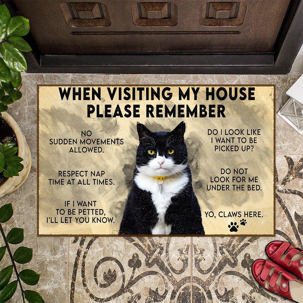 [sk0114-dom-hnd] Doormat Tuxedo Cat Decorate The HOUSE - Camellia Print