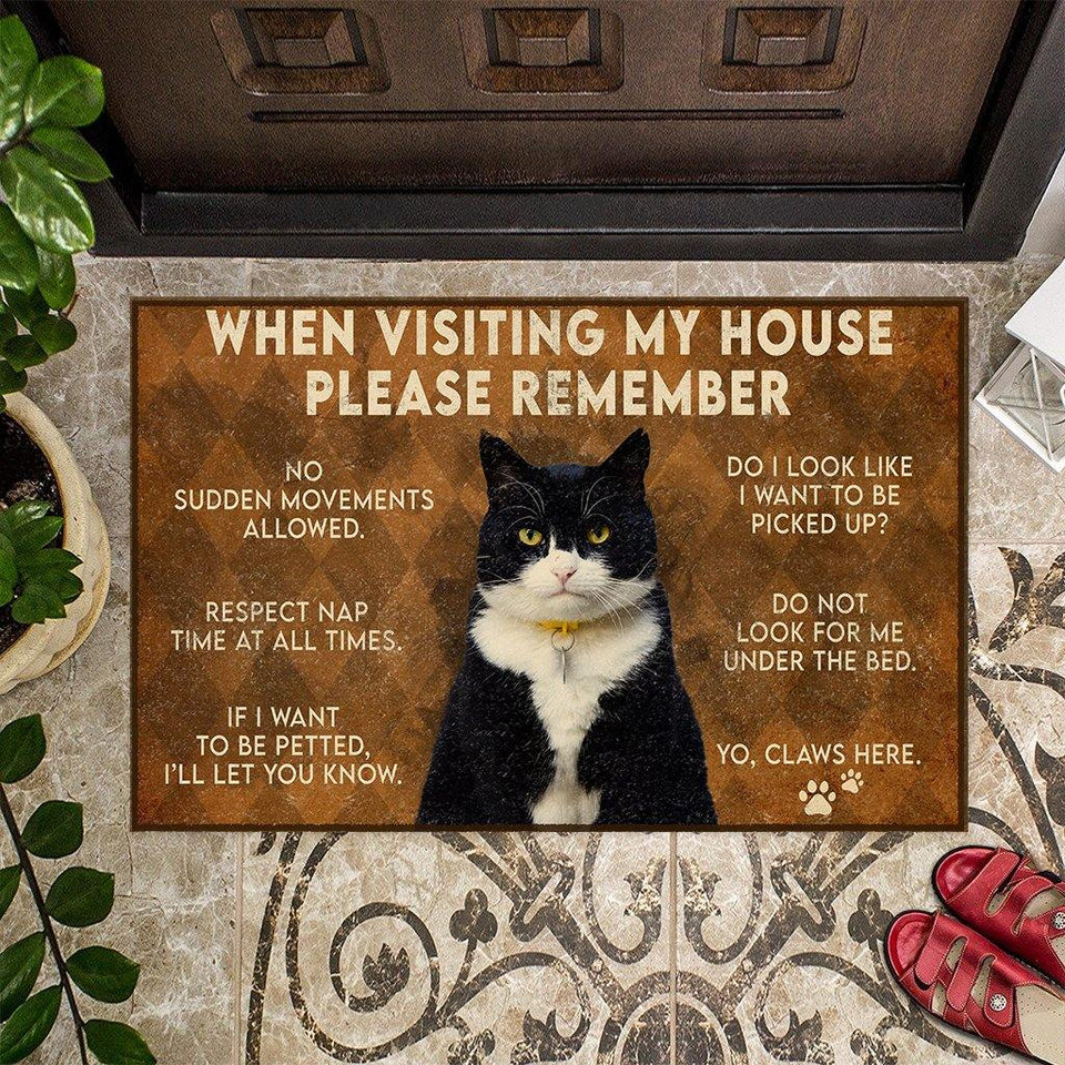 [sk0116-dom-hnd] Doormat Tuxedo Cat Decorate The HOUSE - Camellia Print