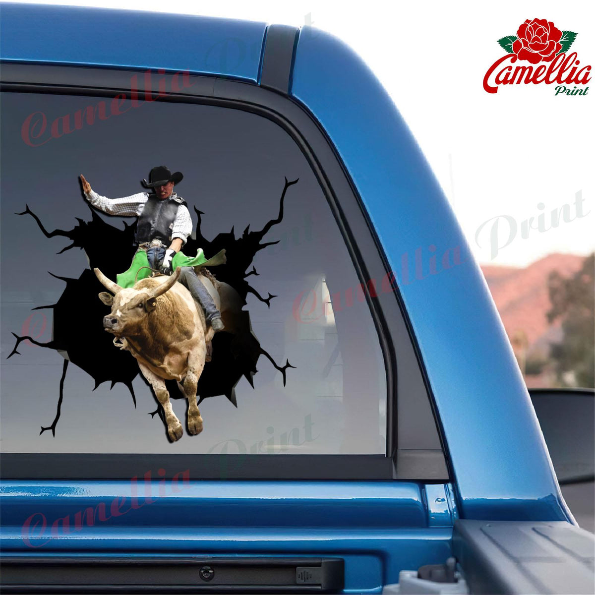 bull riding crack car sticker – Camellia Print