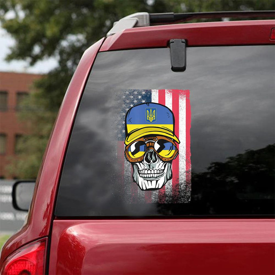 Ukraine Skull American Flag I Stand With Ukrainian Essential Car Vinyl Decal Sticker