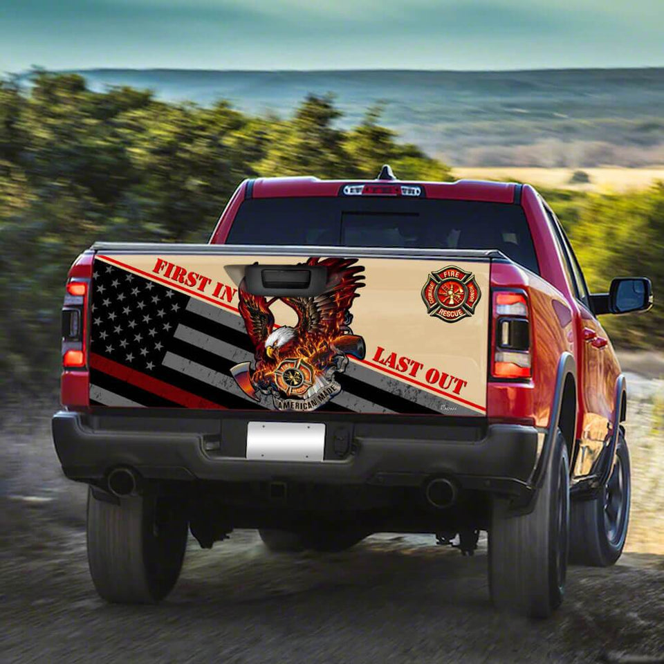 Firefighter truck Tailgate Decal Sticker Wrap First In Last Out Tailgate Wrap Decals For Trucks