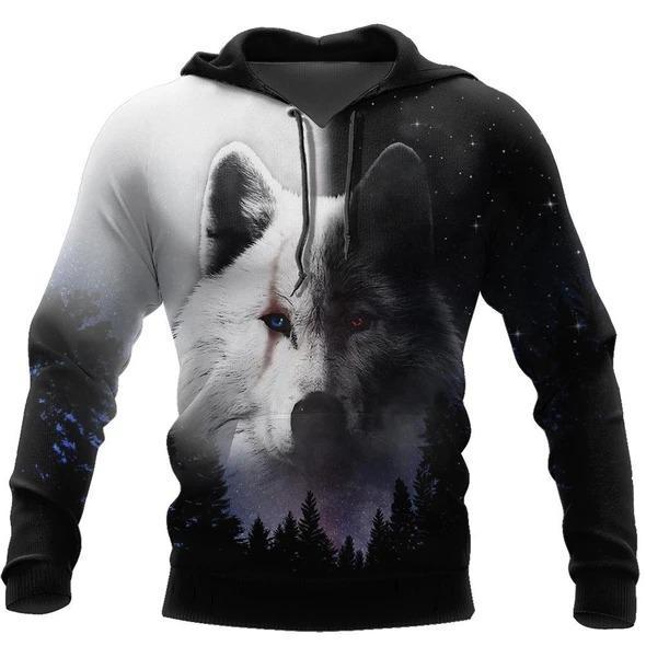 Black & White Wolf 3D Over Printed Hoodie Cloak for Men and Women