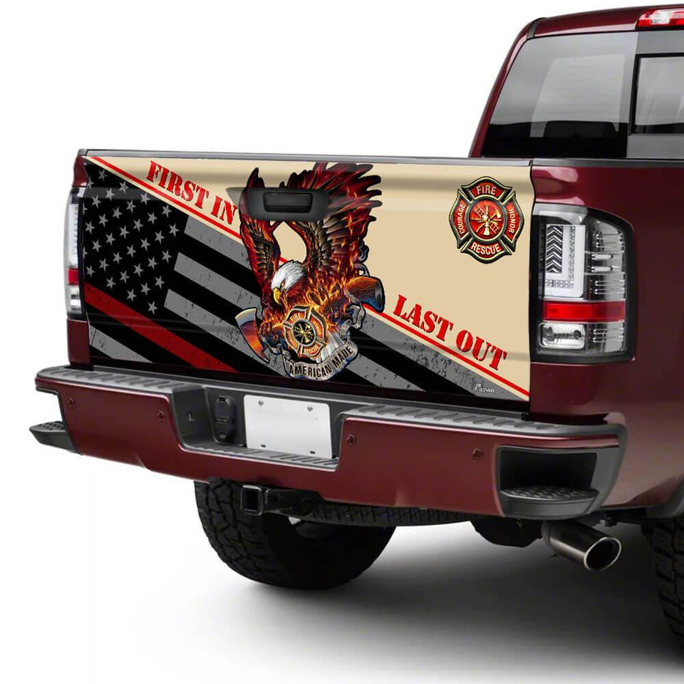 Firefighter truck Tailgate Decal Sticker Wrap First In Last Out Tailgate Wrap Decals For Trucks
